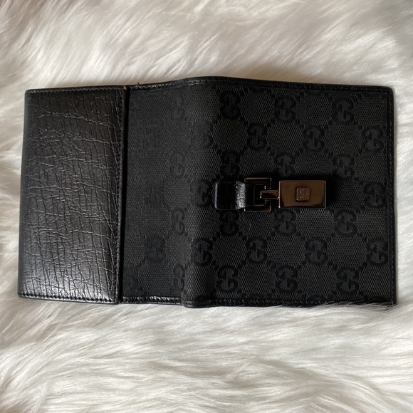 EUC-GUCCI GG BLACK LEATHER GUNMETAL HARDWARE PUSH LOCK JACKIE CANVASS WALLET - Picture 5 of 13